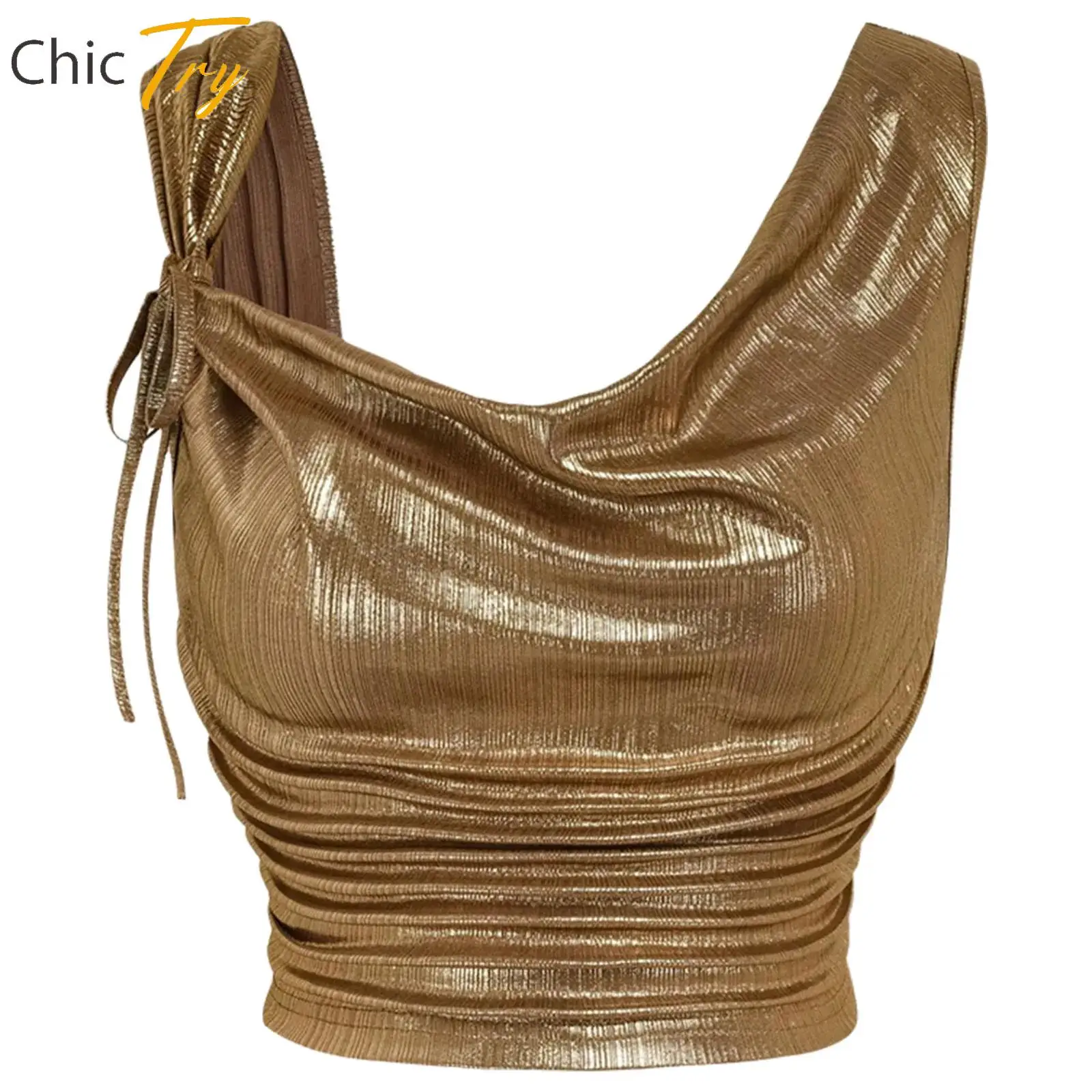 Women Shiny Metallic Crop Top Sleeveless Tie Front Asymmetrical Shoulder Straps Ruched Tank Tops Party Club Festivals Crop Vests
Women Shiny Metallic Crop Top Sleeveless Tie Front Asymmetrical Shoulder Straps Ruched Tank Tops Party Club Festivals Crop Vests