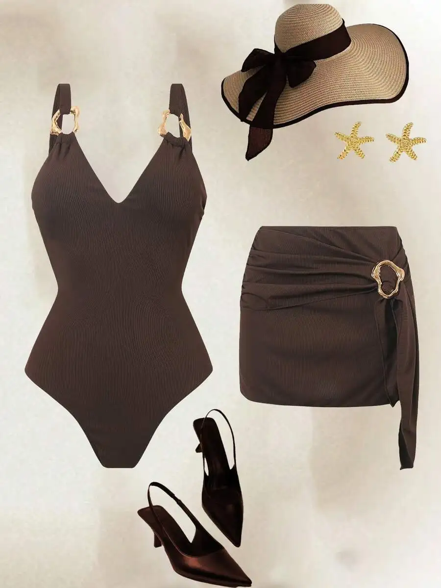 Brown Ribbed One-Piece Swimsuit With Detachable Skirt Gold Ring-Adorned Straps And Wide-Brim Hat Set For Summer Beach Outfit
Brown Ribbed One-Piece Swimsuit With Detachable Skirt Gold Ring-Adorned Straps And Wide-Brim Hat Set For Summer Beach Outfit