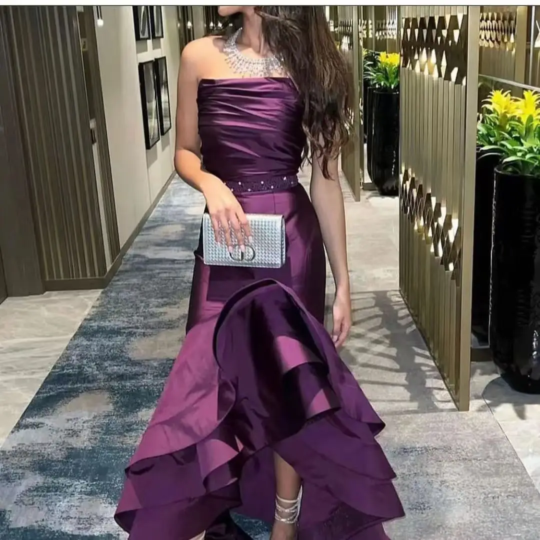 Mermaid Purple Long Prom Dresses Strapless Pleated Ruffles Floor Length Saudi Arabic Women Evening Party Dress
Mermaid Purple Long Prom Dresses Strapless Pleated Ruffles Floor Length Saudi Arabic Women Evening Party Dress