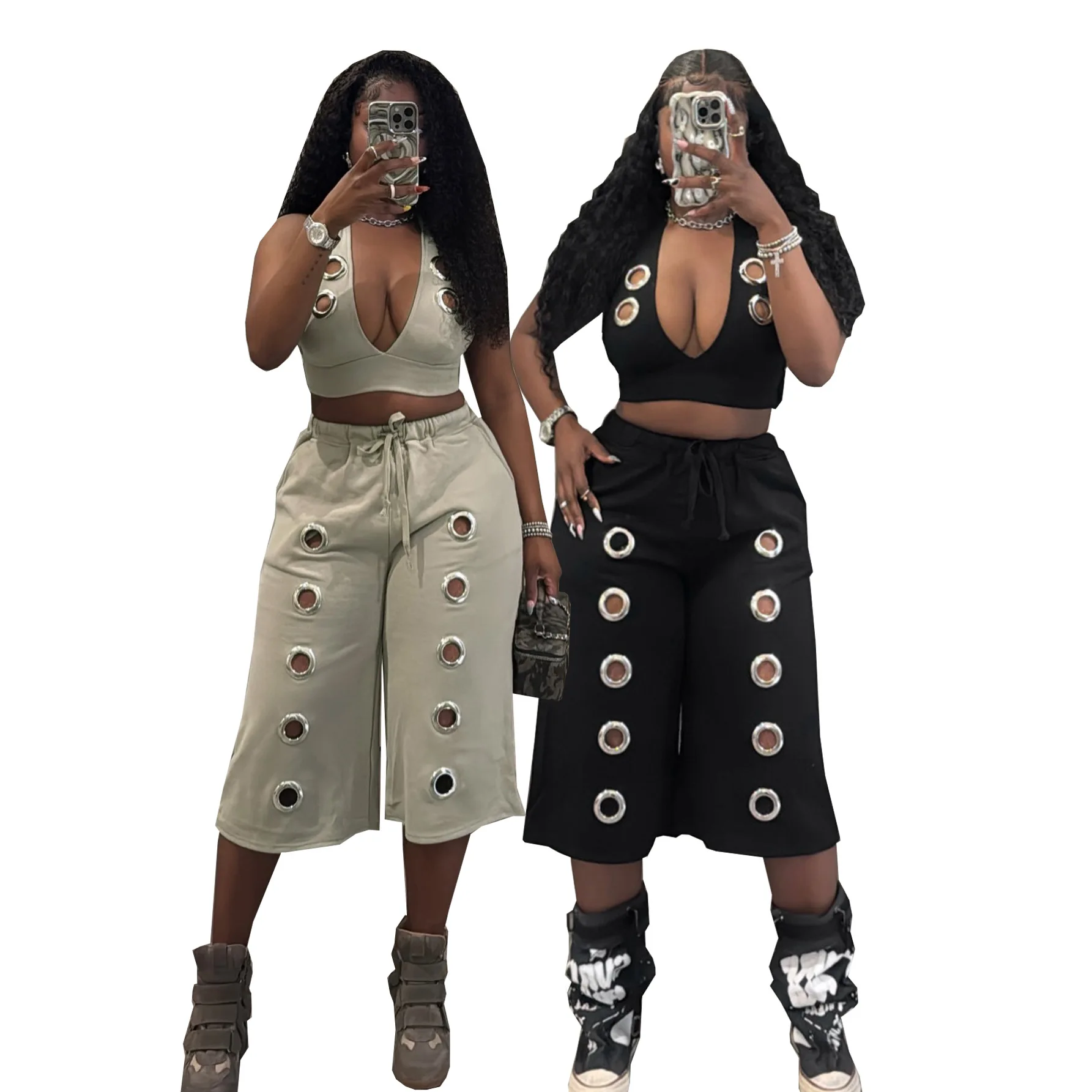 STYLISH LADY Women Eyelet Hole Sleeveless Two Piece Outfit Deep V Crop Top Drawstring Capri Wide Leg Pants Matching Set Street
STYLISH LADY Women Eyelet Hole Sleeveless Two Piece Outfit Deep V Crop Top Drawstring Capri Wide Leg Pants Matching Set Street
