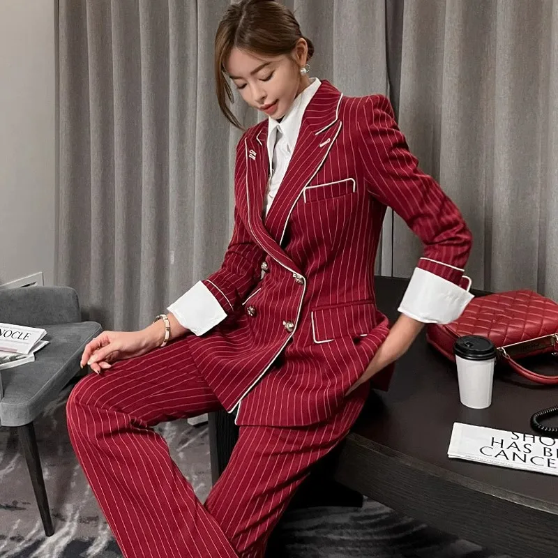 High Quality Autumn Winter Red Striped Pant Suits Women Notched Collar Double-Breasted Blazer Coat + Ladies Office Trousers Set
High Quality Autumn Winter Red Striped Pant Suits Women Notched Collar Double-Breasted Blazer Coat + Ladies Office Trousers Set