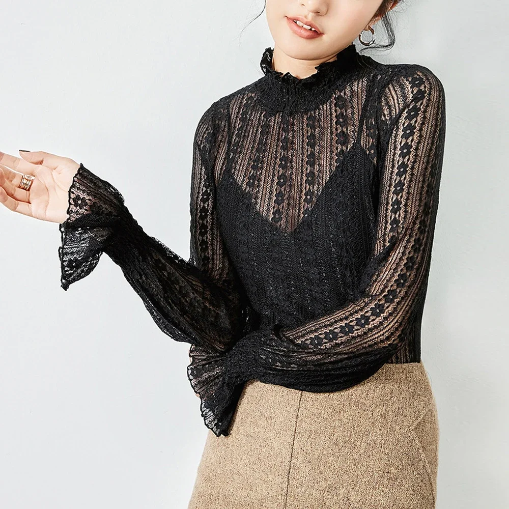 Girl Transparent Trumpet Sleeve T Shirt Women Black White Flower Lace Mesh T-shirt Blouse S-XL Female Blouses Cheaper Tees Top
Girl Transparent Trumpet Sleeve T Shirt Women Black White Flower Lace Mesh T-shirt Blouse S-XL Female Blouses Cheaper Tees Top