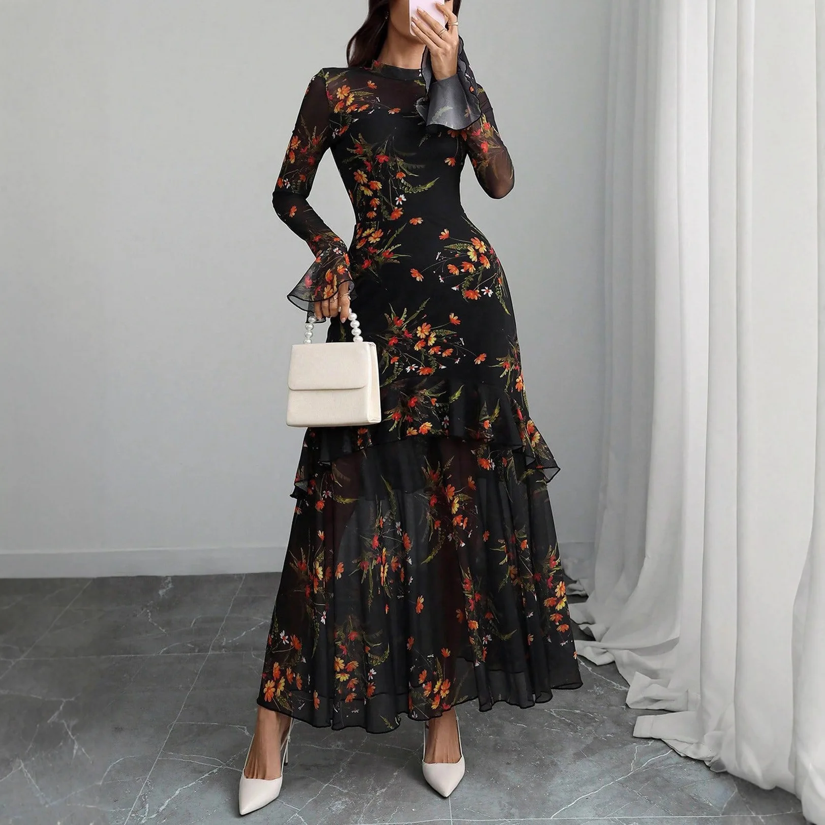 Women's black mesh print elegant temperament lotus leaf side length sleeves French evening dress long skirt
Women's black mesh print elegant temperament lotus leaf side length sleeves French evening dress long skirt