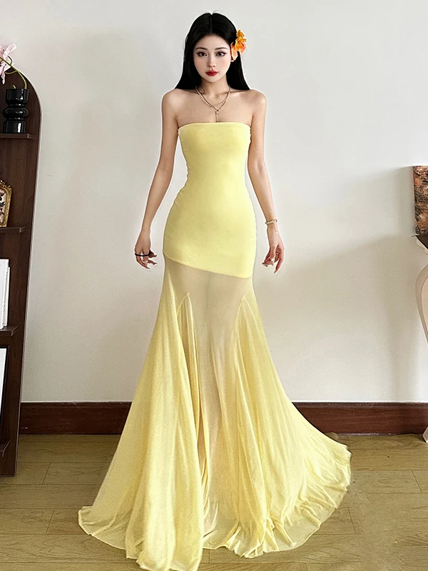 SylCue Sexy Yellow Mesh Slimming Tube Dress High Waist Vacation Long Floor Length Women's Dress Polyester No Sleeve Summer
SylCue Sexy Yellow Mesh Slimming Tube Dress High Waist Vacation Long Floor Length Women's Dress Polyester No Sleeve Summer