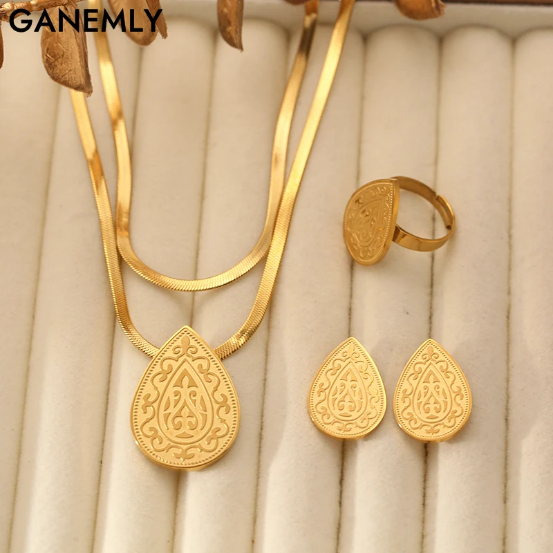 GANEMLY Vintage Teardrop Shape Necklace Earrings Ring Set Gold Color Stainless Steel Waterproof High Quality Jewelry for Women
GANEMLY Vintage Teardrop Shape Necklace Earrings Ring Set Gold Color Stainless Steel Waterproof High Quality Jewelry for Women