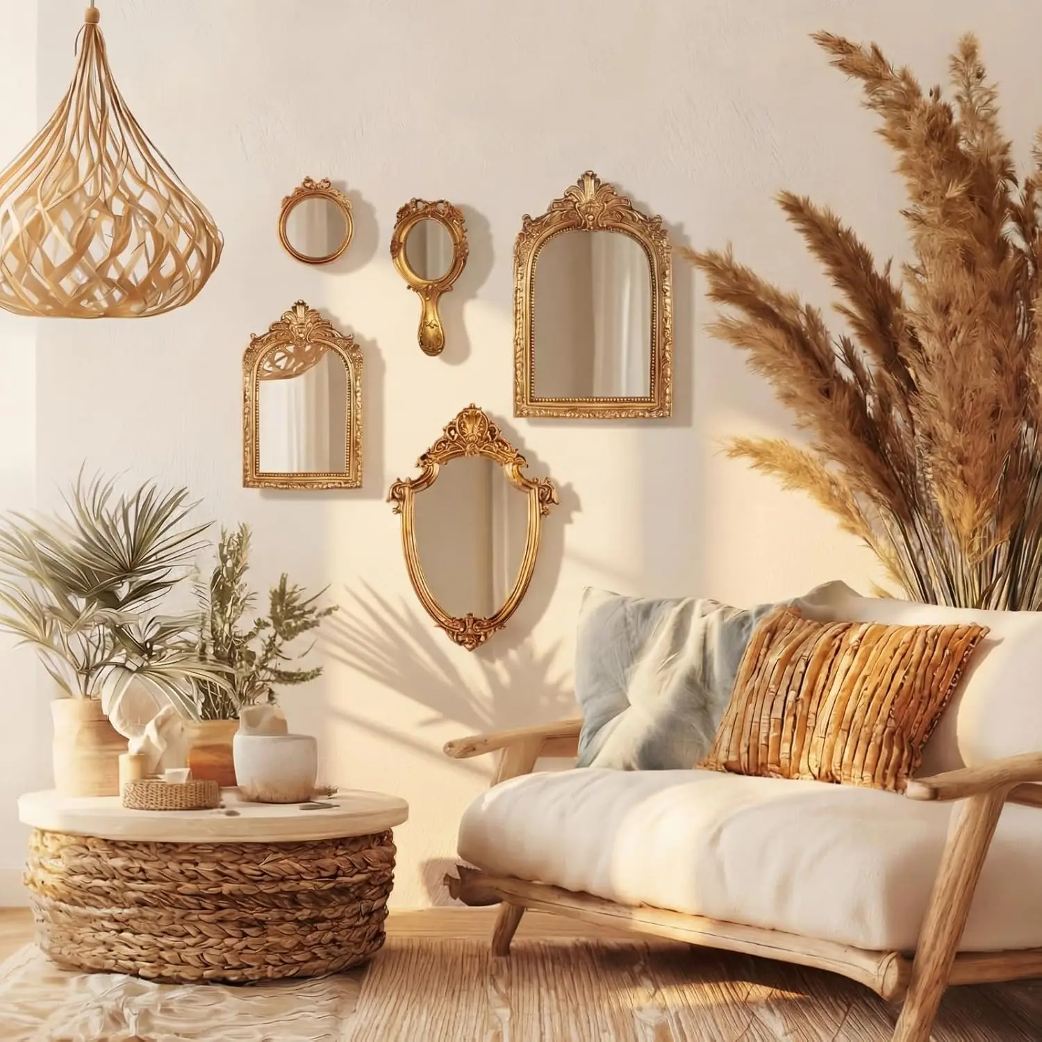 5pcs 5pcs Vintage Golden Mirror Panel Wall Decor - Luxury Vintage & Frame Mirrors with Horizontal Hanging Suitable for Living Room, Entryway, Dressing Area, Gallery Wall - Assorted Sizes (13in/8in/7in/4in), Base & Coating
5pcs 5pcs Vintage Golden Mirror Panel Wall Decor - Luxury Vintage & Frame Mirrors with Horizontal Hanging Suitable for Living Room, Entryway, Dressing Area, Gallery Wall - Assorted Sizes (13in/8in/7in/4in), Base & Coating