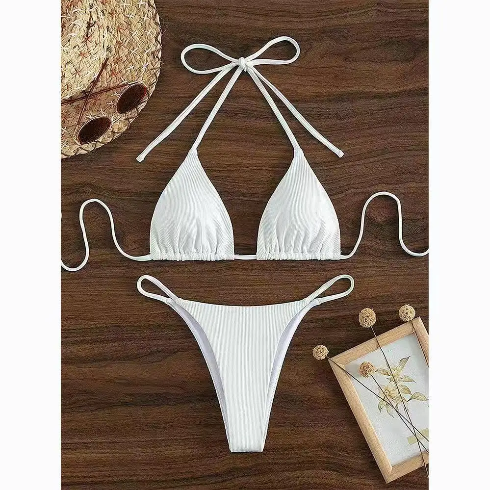 Women's White Ribbed Bikini Halter Neck Triangle Top High Cut Thong Swimwear
Women's White Ribbed Bikini Halter Neck Triangle Top High Cut Thong Swimwear