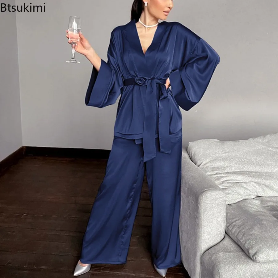 2025 Women's Matching Sets Pajamas with Belt Satin Tow Pieces Suit Soft Loose Pyjamas Casual Solid Sleepwear Female Home Clothes
2025 Women's Matching Sets Pajamas with Belt Satin Tow Pieces Suit Soft Loose Pyjamas Casual Solid Sleepwear Female Home Clothes