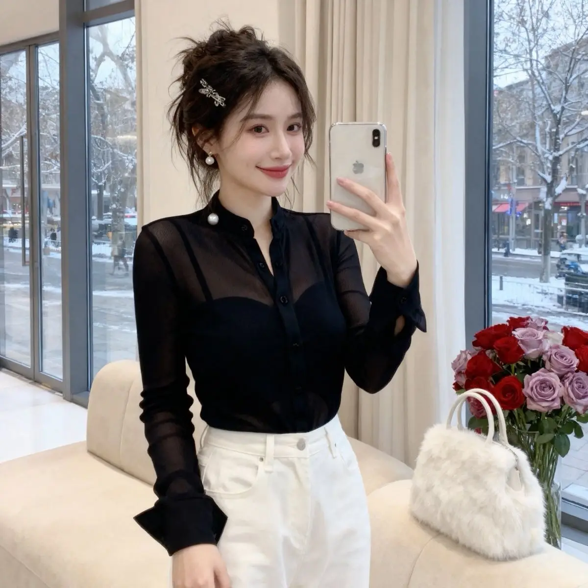 Black Mesh Thin Long Sleeve Shirt Women's Summer New Style High Sensation Personality Base Sun Protection Top Sexy Style Slim...
Black Mesh Thin Long Sleeve Shirt Women's Summer New Style High Sensation Personality Base Sun Protection Top Sexy Style Slim...