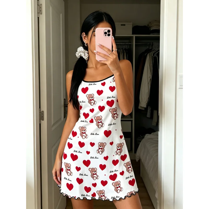 Women Summer Nightdress Spaghetti Strap Ruffle Trim Round Neck Home Loungewear Sleep Dress Red Heart Teddy Bear Print
Women Summer Nightdress Spaghetti Strap Ruffle Trim Round Neck Home Loungewear Sleep Dress Red Heart Teddy Bear Print