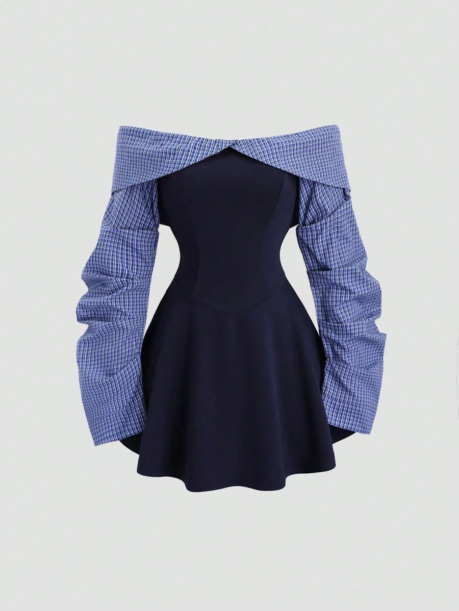 Women's Autumn/Winter Collegiate Style Minimalist Bardot Ruched Waist Contrast Color Mini Dress, Figure-Flattering
Women's Autumn/Winter Collegiate Style Minimalist Bardot Ruched Waist Contrast Color Mini Dress, Figure-Flattering