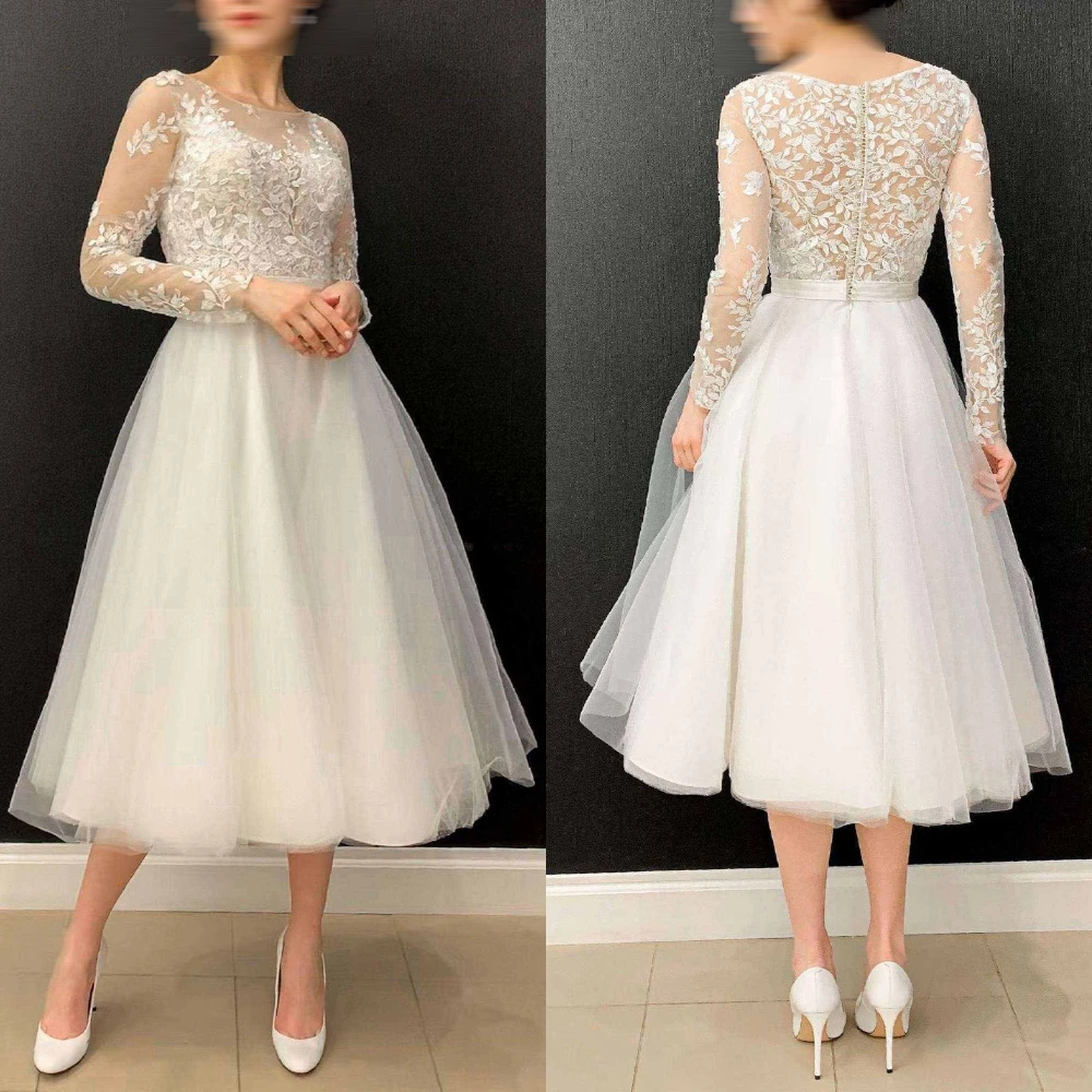 Customized White Tulle Formal O-Neck Classic A-Line Fashion Appliques Temperament Wedding Dress Tea Length Bridal Gowns
Customized White Tulle Formal O-Neck Classic A-Line Fashion Appliques Temperament Wedding Dress Tea Length Bridal Gowns