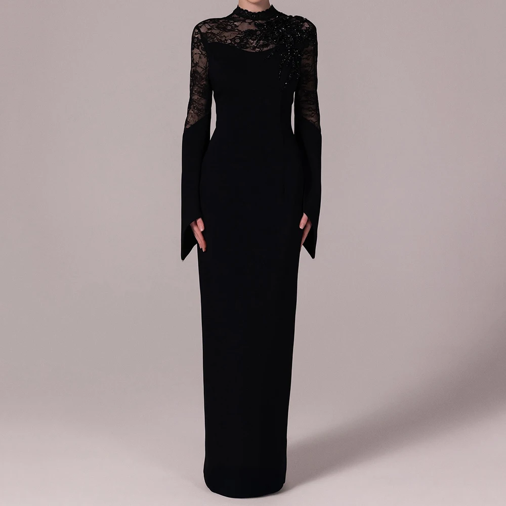 Black Prom Dresses High Neck Long Sleeves Lace Jersey Sequined Prom Gowns Floor-length Straight Party Dress Customized
Black Prom Dresses High Neck Long Sleeves Lace Jersey Sequined Prom Gowns Floor-length Straight Party Dress Customized