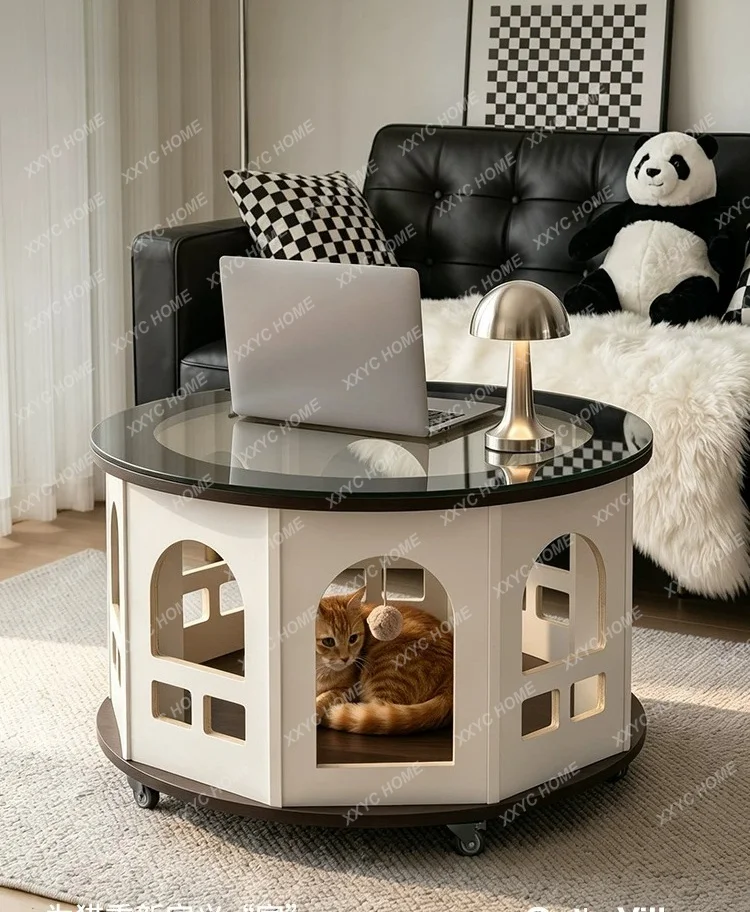 People and cats share coffee table solid wood round glass movable living room pet small apartment household side table
People and cats share coffee table solid wood round glass movable living room pet small apartment household side table