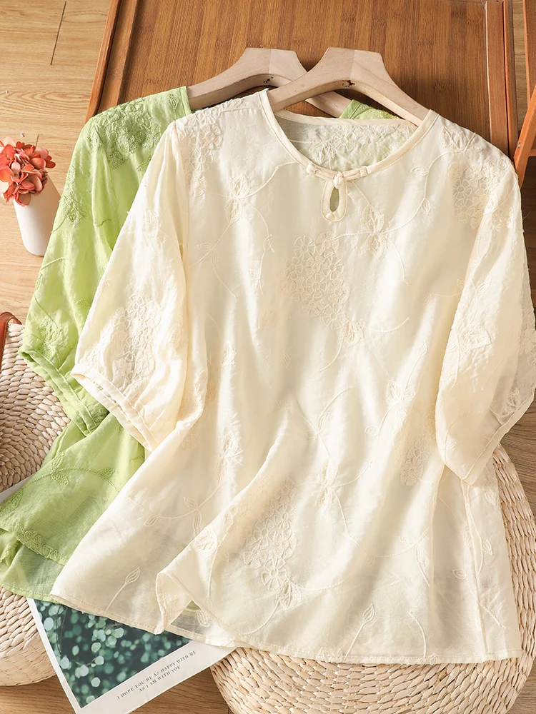 Heavy Embroidery Cotton Linen Short Sleeve round Neck Retro Style Women's Shirt Large Size Comfortable Fit Casual Top
Heavy Embroidery Cotton Linen Short Sleeve round Neck Retro Style Women's Shirt Large Size Comfortable Fit Casual Top
