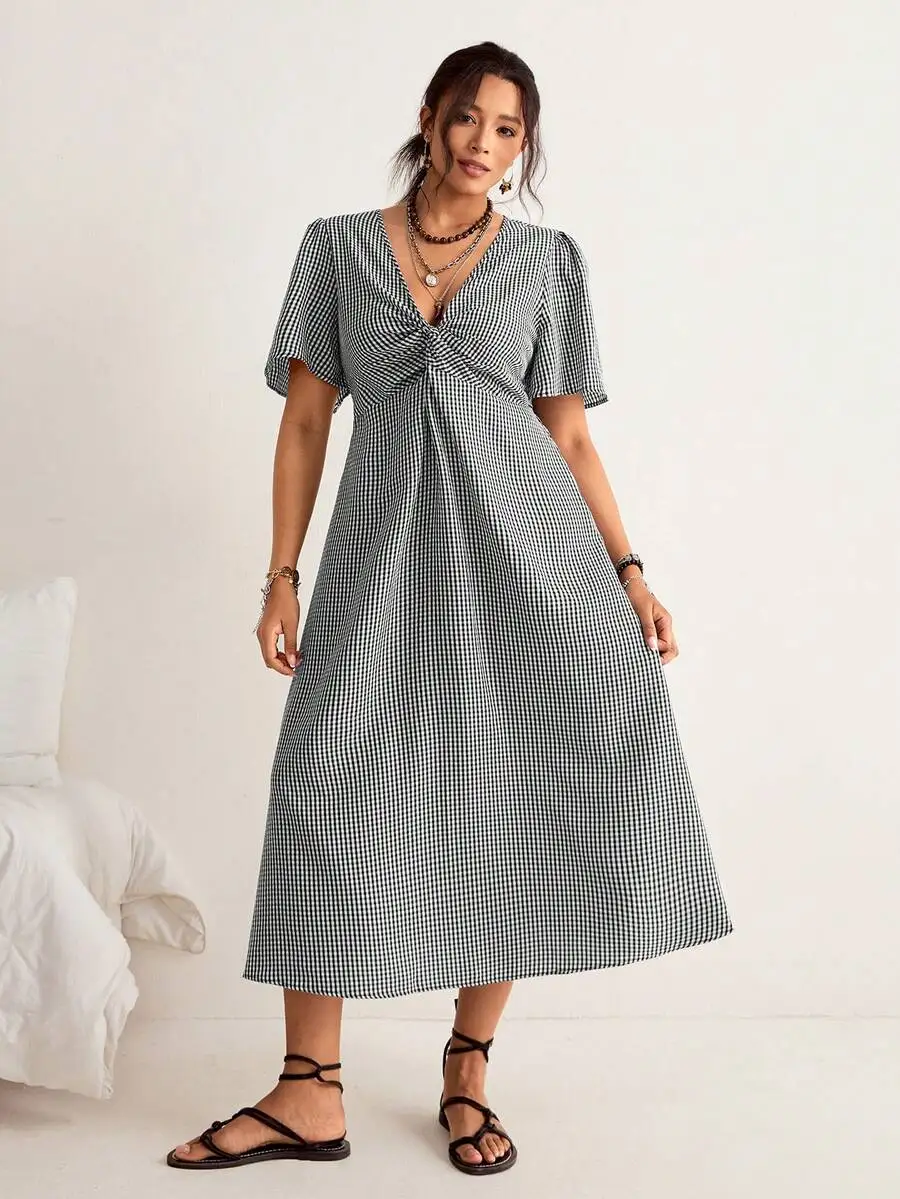 Plaid Twist Knot Casual Vacation Dress For Women
Plaid Twist Knot Casual Vacation Dress For Women