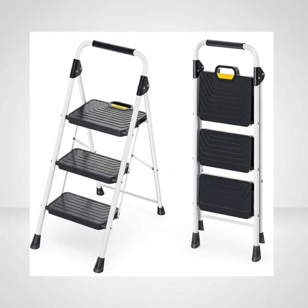 Sturdy 3-Step Steel Ladder with Handrail, Anti-Slip Pedals, 800lbs Capacity - Foldable Step Stool for Home & Kitchen
Sturdy 3-Step Steel Ladder with Handrail, Anti-Slip Pedals, 800lbs Capacity - Foldable Step Stool for Home & Kitchen