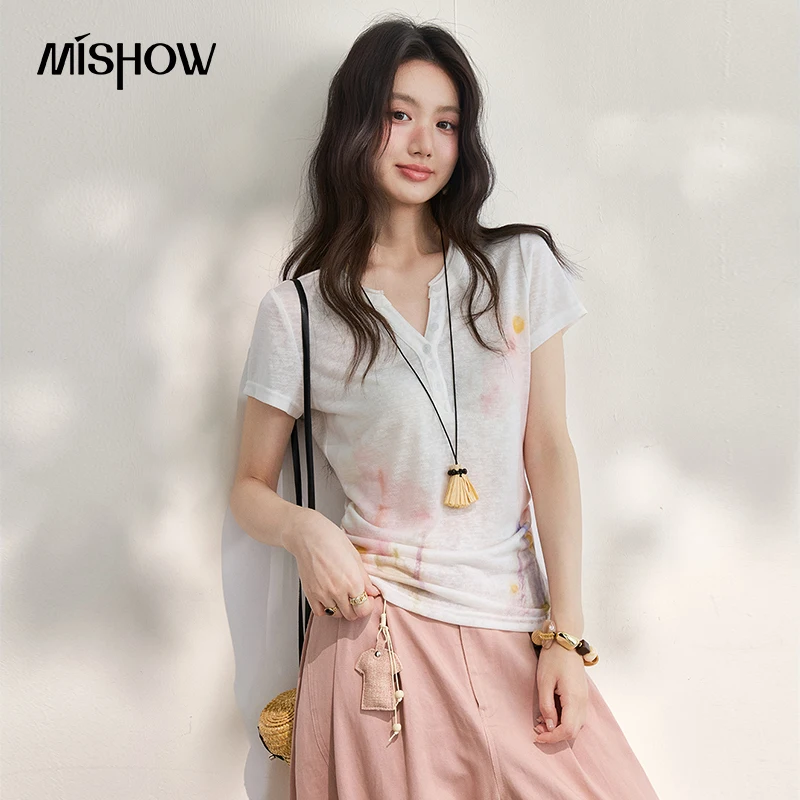 MISHOW Design V-Neck Watercolor Printed T-Shirt For Women 2026 Summer Gentle Pleated Breathable Artistic Slimming Top MXF25T1624
MISHOW Design V-Neck Watercolor Printed T-Shirt For Women 2026 Summer Gentle Pleated Breathable Artistic Slimming Top MXF25T1624