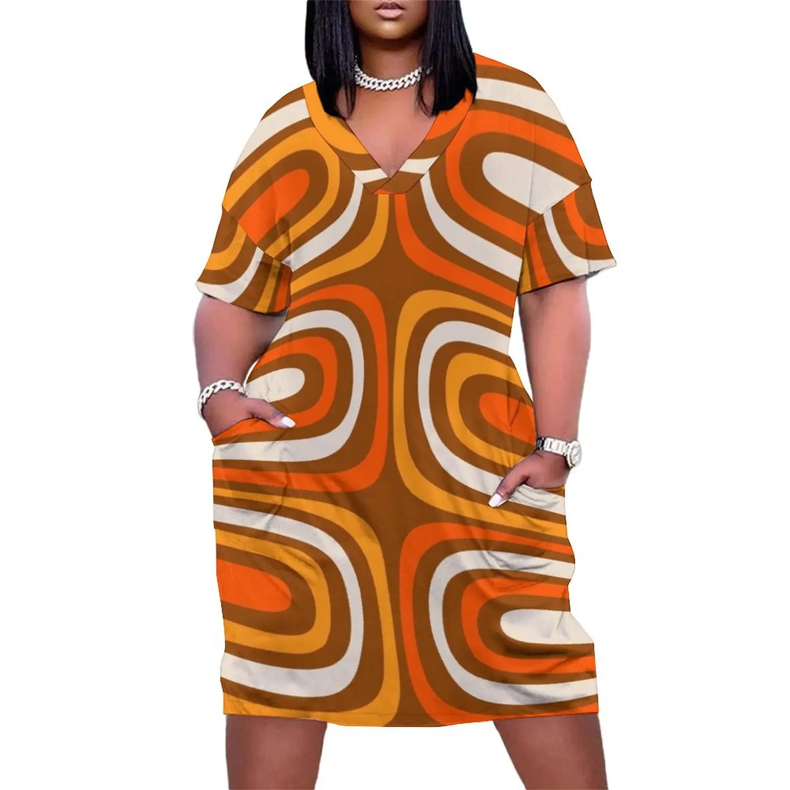 Midcentury Modern Confaab Abstract Vertical Pattern in Retro 70s Light Brown and Orange Loose Pocket Dress Woman clothes
Midcentury Modern Confaab Abstract Vertical Pattern in Retro 70s Light Brown and Orange Loose Pocket Dress Woman clothes