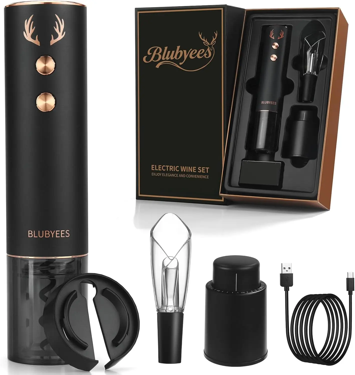 Rechargeable Electric Wine Opener Set - Automatic Corkscrew, Foil Cutter, Aerator Pourer, Vacuum Stopper - Gift for Wine Lovers
Rechargeable Electric Wine Opener Set - Automatic Corkscrew, Foil Cutter, Aerator Pourer, Vacuum Stopper - Gift for Wine Lovers