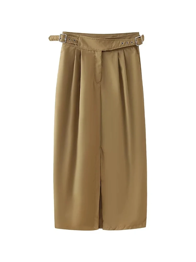 Women Fashion Side Belts Spring Summer Khaki Long Skirts Female Casual Straight Pleated Slit Midi Skirt
Women Fashion Side Belts Spring Summer Khaki Long Skirts Female Casual Straight Pleated Slit Midi Skirt