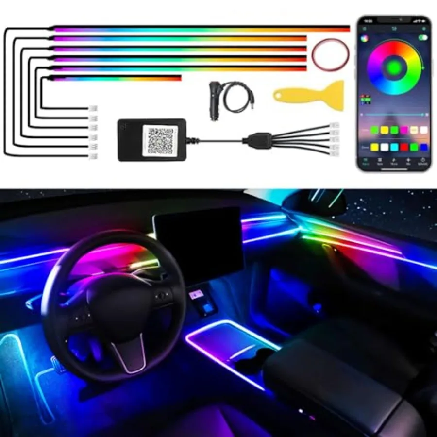 Acrylic Car LED Interior Strip Lights 6 in 1 Dreamcolor Ambient Lighting Kit with Wireless APP Luxury EL Wire Trim 16 Million C
Acrylic Car LED Interior Strip Lights 6 in 1 Dreamcolor Ambient Lighting Kit with Wireless APP Luxury EL Wire Trim 16 Million C