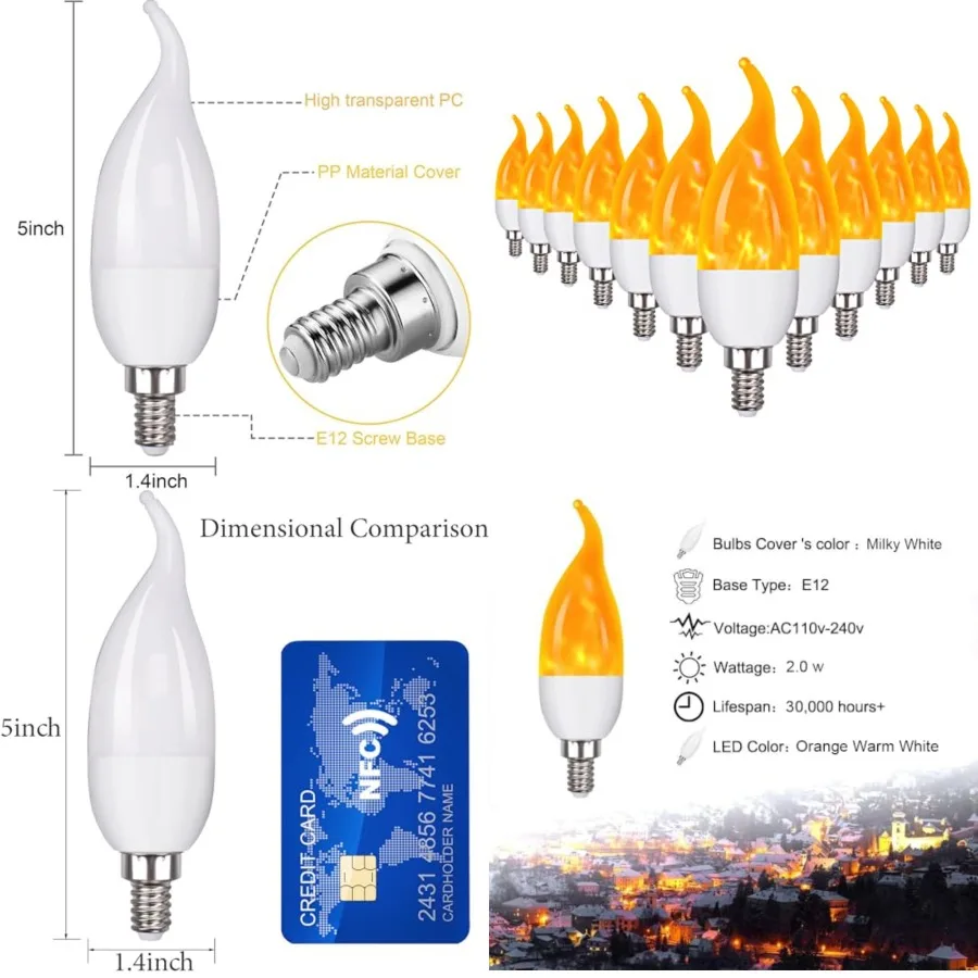 E12 Flame Bulbs 12 Pack, 3 Mode LED Candelabra Flame Light Bulb 2.0 Watt Warm White Chandelier Flame Bulbs, 1800k Candle Light
E12 Flame Bulbs 12 Pack, 3 Mode LED Candelabra Flame Light Bulb 2.0 Watt Warm White Chandelier Flame Bulbs, 1800k Candle Light