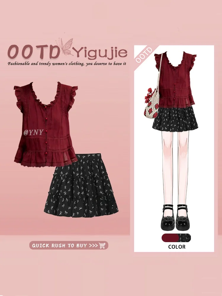 Red Wine Color White Shirt with Flounce Sleeve Short Sleeve Chiffon Top Summer Floral Half Skirt Two Piece Set Women's Fashion
Red Wine Color White Shirt with Flounce Sleeve Short Sleeve Chiffon Top Summer Floral Half Skirt Two Piece Set Women's Fashion