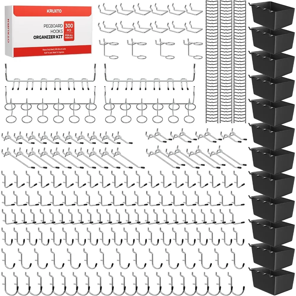 300 Piece Pegboard Hooks Kit with Bins for 1/8 or 1/4 Inch Boards Tool Organizer
300 Piece Pegboard Hooks Kit with Bins for 1/8 or 1/4 Inch Boards Tool Organizer