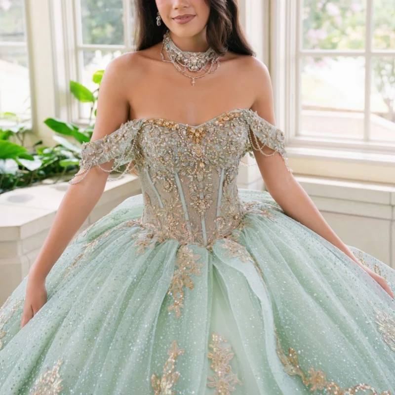 Shiny Light Green Quinceanera Dress off-shoulder Glitter Lace Crystal Decal Long tail Bow vestidos de 15 Quinceanera Customize
Shiny Light Green Quinceanera Dress off-shoulder Glitter Lace Crystal Decal Long tail Bow vestidos de 15 Quinceanera Customize