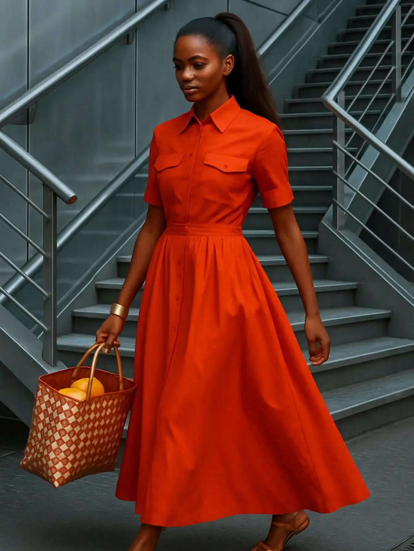 Vibrant Orange Shirt Collar Midi Dress with Button Front & A-Line Skirt
Vibrant Orange Shirt Collar Midi Dress with Button Front & A-Line Skirt