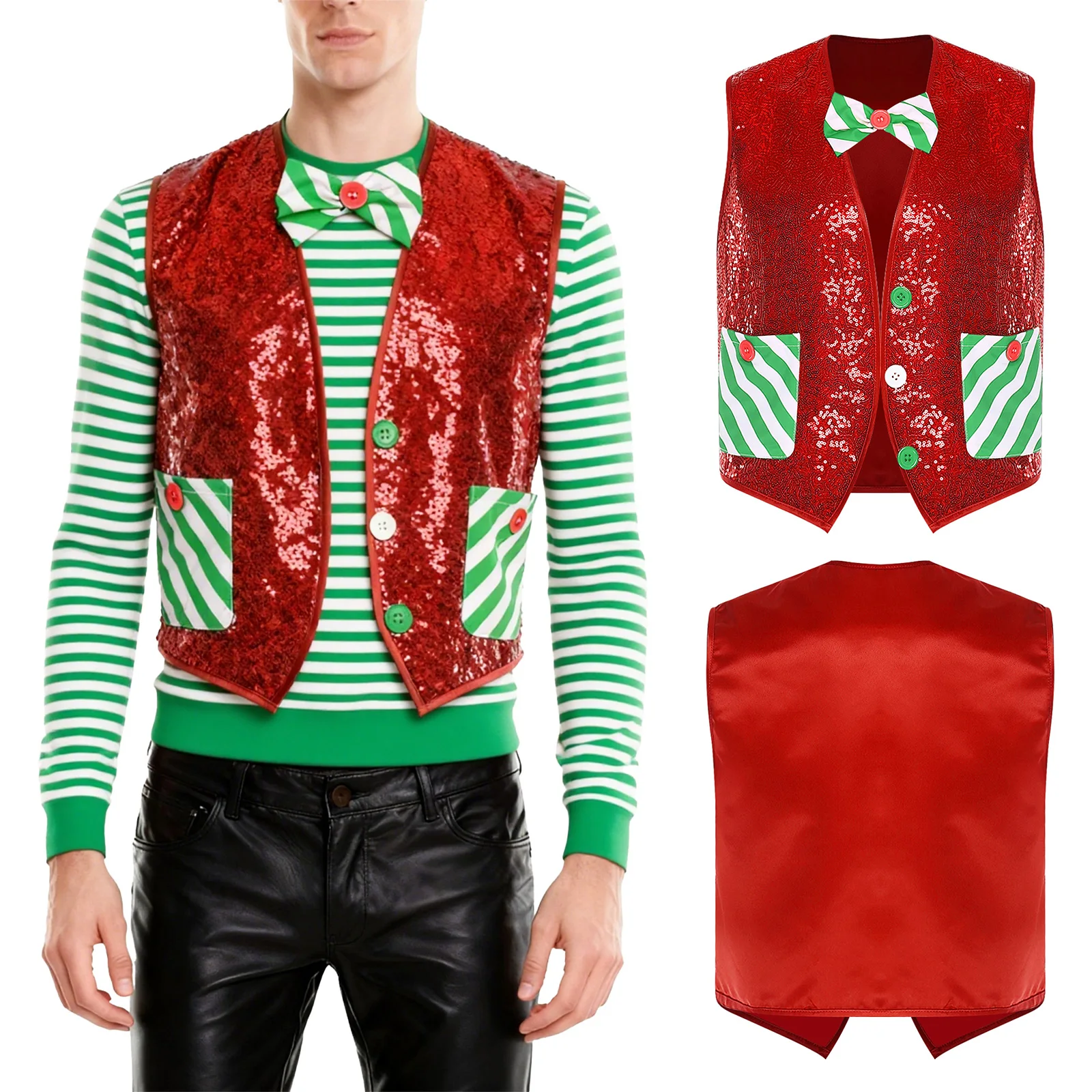 Men Christmas Elf Cosplay Costume Xmas Party Sequins Vest Sleeveless Open Front Asymmetrical Hem Striped Waistcoat with Bowtie
Men Christmas Elf Cosplay Costume Xmas Party Sequins Vest Sleeveless Open Front Asymmetrical Hem Striped Waistcoat with Bowtie