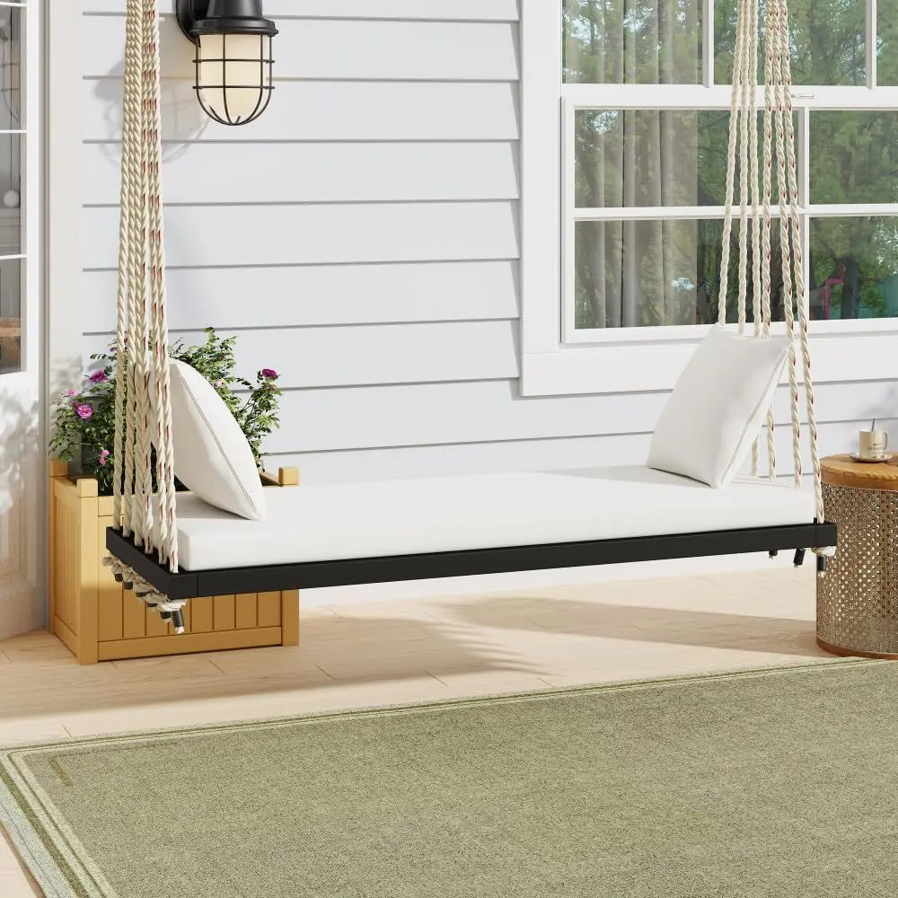 Hanging Wooden Patio Swing Chair with Cushion and Pillows, 10.8ft Hemp Ropes, Supports 400lbs, Ideal for Garden (Black)
Hanging Wooden Patio Swing Chair with Cushion and Pillows, 10.8ft Hemp Ropes, Supports 400lbs, Ideal for Garden (Black)