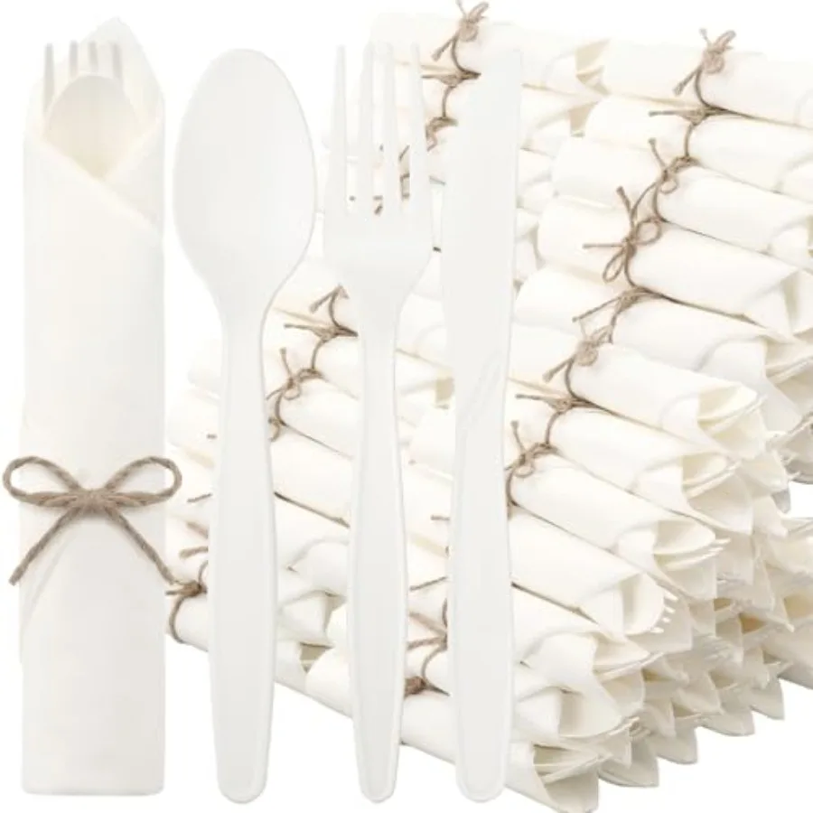 Pre Rolled Napkin Cutlery Set 100% Compostable Utensils (400pcs, 100set) 7" Large Disposable Utensils Wrapped Forks Knives Spoon
Pre Rolled Napkin Cutlery Set 100% Compostable Utensils (400pcs, 100set) 7" Large Disposable Utensils Wrapped Forks Knives Spoon