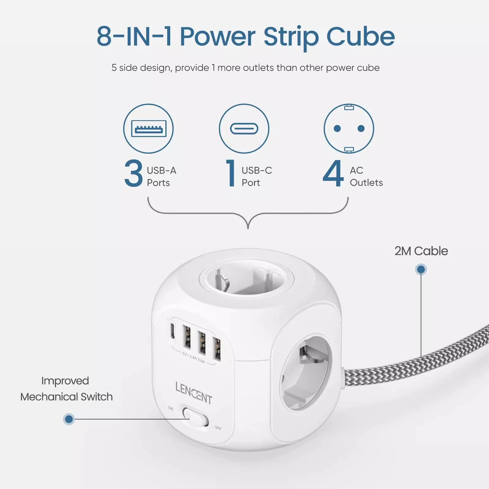 NEW LENCENT EU Plug Power Strip with 4 AC Outlets 3 USB Port 1 T
NEW LENCENT EU Plug Power Strip with 4 AC Outlets 3 USB Port 1 T