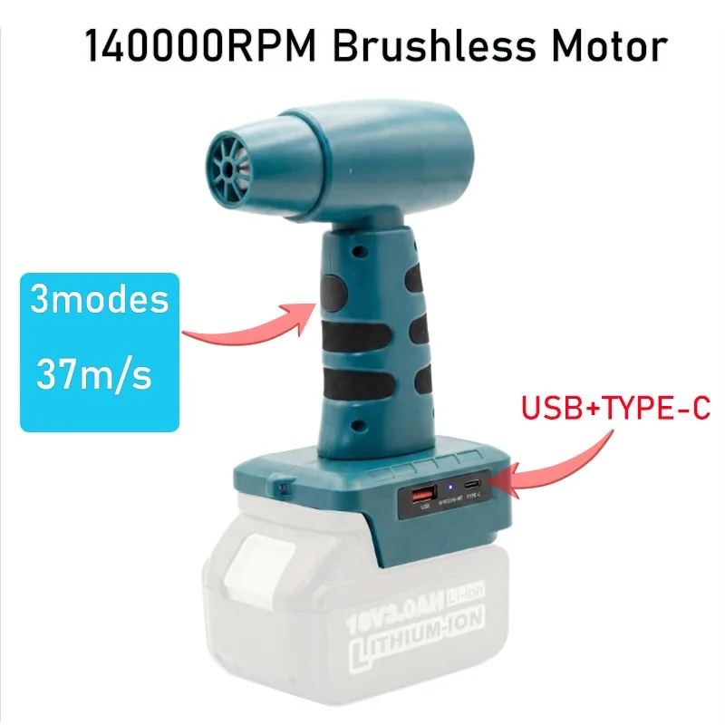 Cordless Air Blower 140000RPM 37m/s for Makita 18V Battery Portable Handheld violent fan With USB and Type C output for Cleaning
Cordless Air Blower 140000RPM 37m/s for Makita 18V Battery Portable Handheld violent fan With USB and Type C output for Cleaning