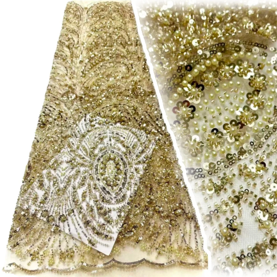 5 Yards Nigerian Gold Beaded Lace Fabric High-Quality African French Sequined Tulle Lace Fabric for Sewing Evening Gowns 1902
5 Yards Nigerian Gold Beaded Lace Fabric High-Quality African French Sequined Tulle Lace Fabric for Sewing Evening Gowns 1902