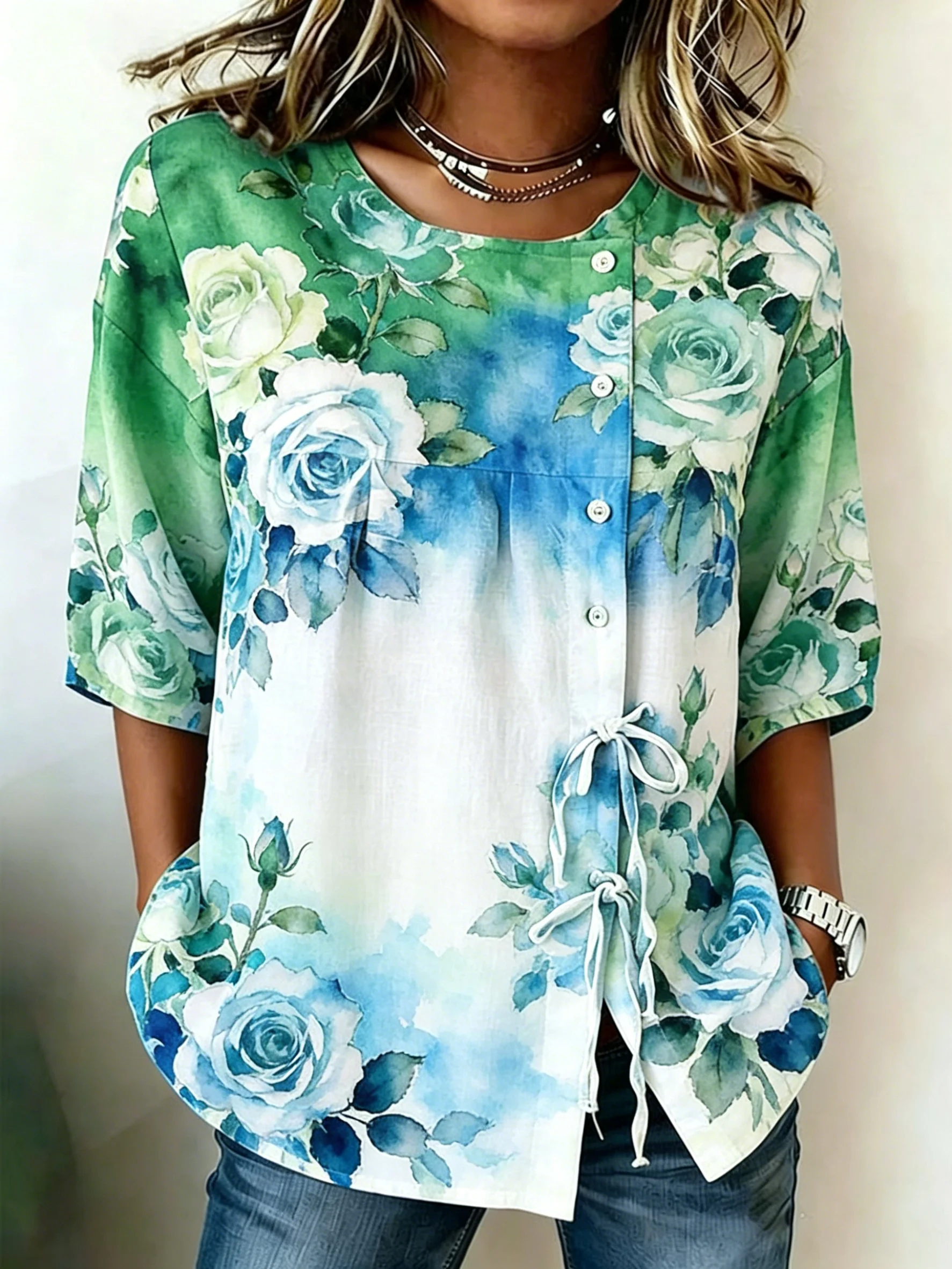 Women's Spring Summer Drawstring Blouse, Watercolor Rose Ombre Print Casual Tops for Daily Street Holiday Dating Outfit
Women's Spring Summer Drawstring Blouse, Watercolor Rose Ombre Print Casual Tops for Daily Street Holiday Dating Outfit