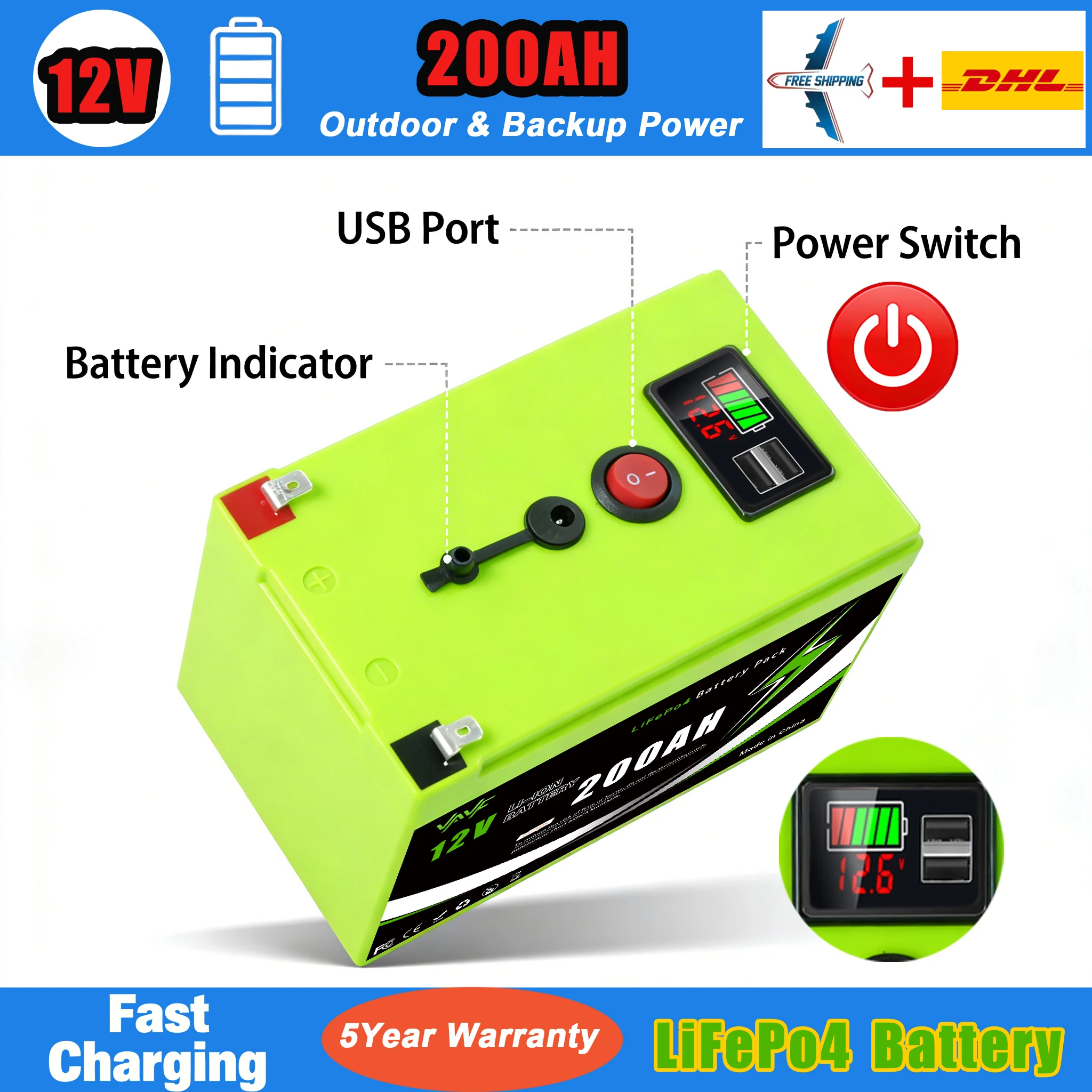 All-Weather Lithium Battery 12V 200Ah LiFePO4 Battery 200000mAh with Robust BMS, Designed for Marine and RV Use
All-Weather Lithium Battery 12V 200Ah LiFePO4 Battery 200000mAh with Robust BMS, Designed for Marine and RV Use