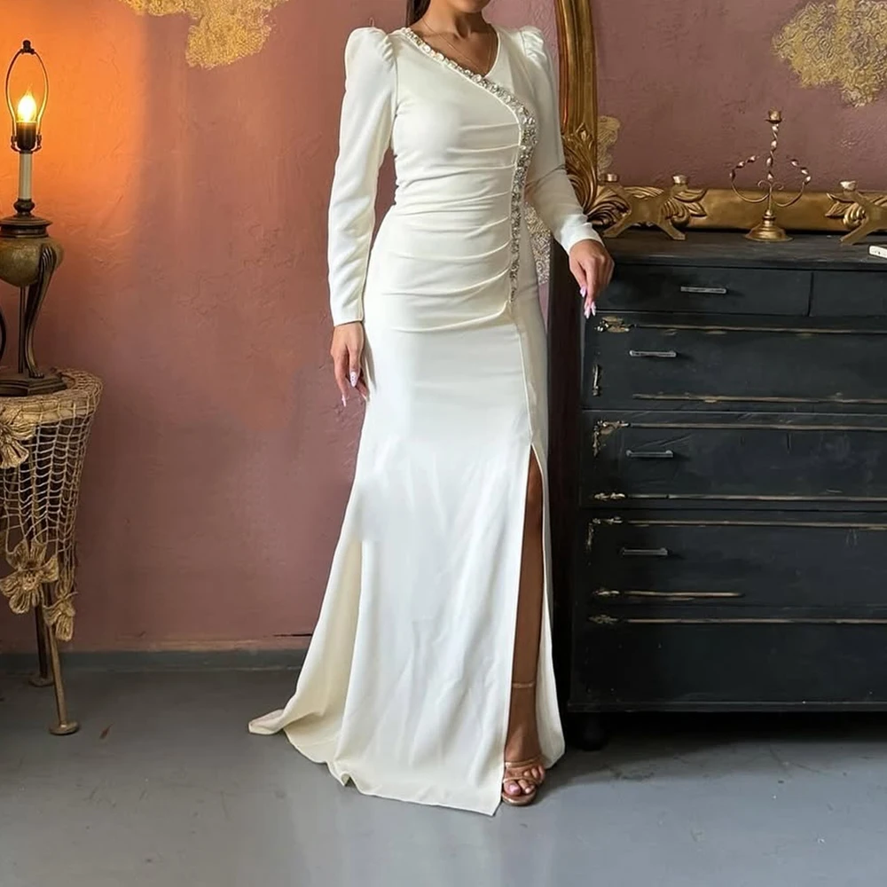 Customized A-line Evening Dresses Floor-length V-neck Full Sleeve Prom Gown Fashion Crystal Side-split Simple Draped Party Gown
Customized A-line Evening Dresses Floor-length V-neck Full Sleeve Prom Gown Fashion Crystal Side-split Simple Draped Party Gown