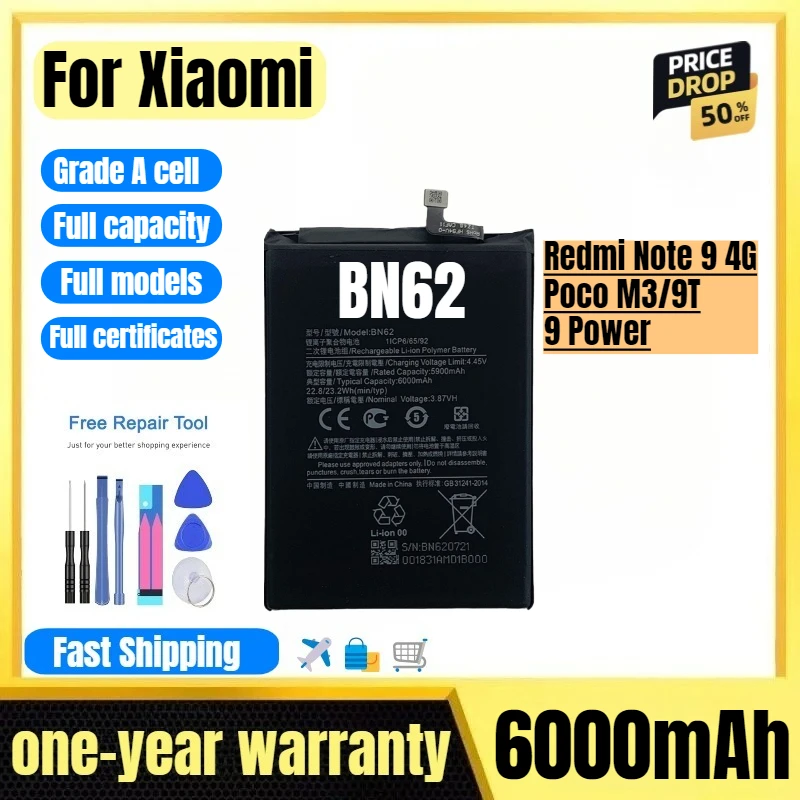 BN62 for Xiaomi Redmi Note 9 4G/Poco M3/9T/9 Power Phone Battery High Quality High Capacity Replacement Bateria with Tools
BN62 for Xiaomi Redmi Note 9 4G/Poco M3/9T/9 Power Phone Battery High Quality High Capacity Replacement Bateria with Tools