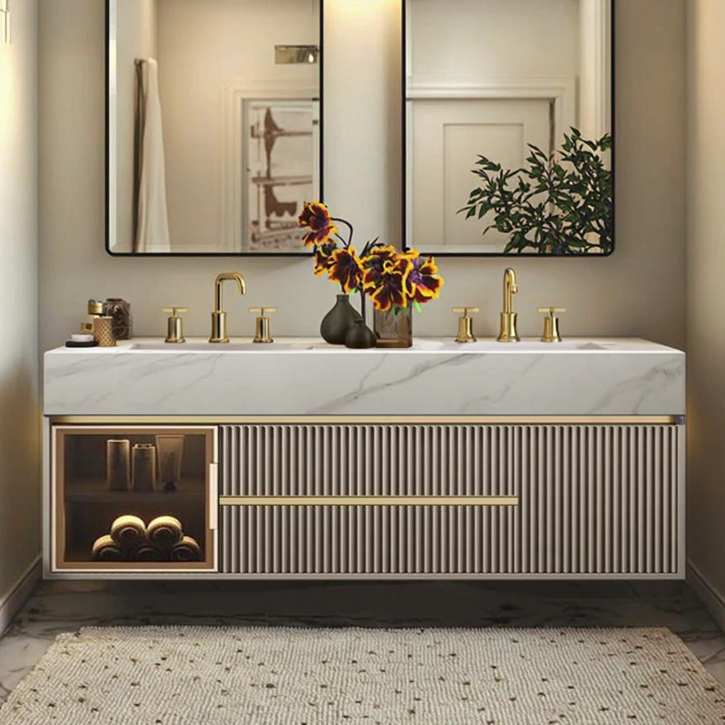 Custom Modern Luxury Solid Wood Lacquer Bathroom Vanity Cabinet Sintered Stone Counter Top Double Sinks Wall-Mounted Mirror For
Custom Modern Luxury Solid Wood Lacquer Bathroom Vanity Cabinet Sintered Stone Counter Top Double Sinks Wall-Mounted Mirror For