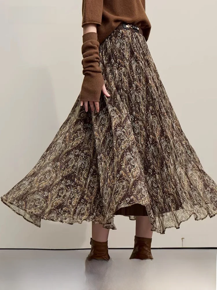 Retro Floral Print Long Skirt Semi-Body Net Gauze Pleated Folded Polyester Fiber Commute Casual mid Waist H-ape Skirt
Retro Floral Print Long Skirt Semi-Body Net Gauze Pleated Folded Polyester Fiber Commute Casual mid Waist H-ape Skirt