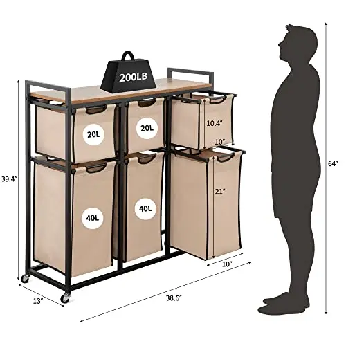 Six-Bin Laundry Sorting Station With Removable Fabric Hampers, Wooden Top Shelf, And Wheeled Steel Frame
Six-Bin Laundry Sorting Station With Removable Fabric Hampers, Wooden Top Shelf, And Wheeled Steel Frame