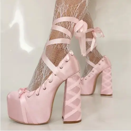 Sweet Girls Pink Silk Ribbons Cross Tied Lace Up Round Toe Platform Chunky Heels Pumps Women Lolita High Heel Shoes Size 47
Sweet Girls Pink Silk Ribbons Cross Tied Lace Up Round Toe Platform Chunky Heels Pumps Women Lolita High Heel Shoes Size 47