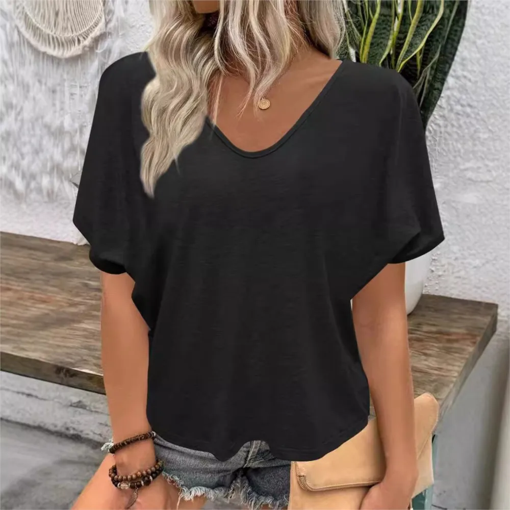 Women's Pullover Solid Color Tshirts Tops 2025 New Pleated Loose Casual Candy Color V-neck Short Sleeved T-shirt Camisetas Mujer
Women's Pullover Solid Color Tshirts Tops 2025 New Pleated Loose Casual Candy Color V-neck Short Sleeved T-shirt Camisetas Mujer