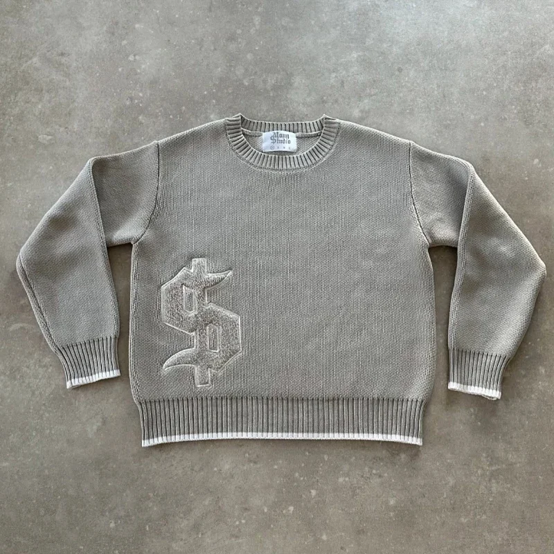 Y2K Grey Long Sleeve Sweater Dollar Gothic Embroidery Pullover Goth Retro Casual Streetwear Old Money Men Boxy Knitted Clothing
Y2K Grey Long Sleeve Sweater Dollar Gothic Embroidery Pullover Goth Retro Casual Streetwear Old Money Men Boxy Knitted Clothing