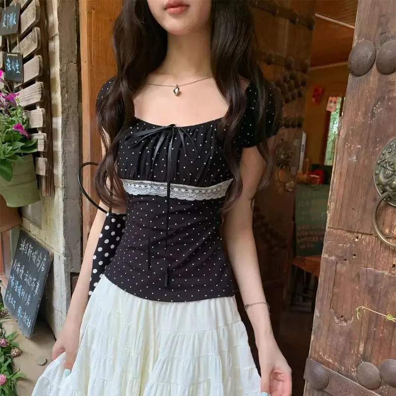 Sweet Polka Dot Square Collar Bow Slim Pullovers Women's Clothing Puff Sleeve Summer Fashionable Lace Spliced Vintage T-shirts
Sweet Polka Dot Square Collar Bow Slim Pullovers Women's Clothing Puff Sleeve Summer Fashionable Lace Spliced Vintage T-shirts