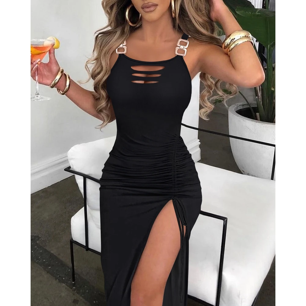 Women Cutout High Slit Solid Maxi Dress Female O-Neck Buckled Spaghetti Strap Bodycon Dress Party Evening Dress Korean Style
Women Cutout High Slit Solid Maxi Dress Female O-Neck Buckled Spaghetti Strap Bodycon Dress Party Evening Dress Korean Style