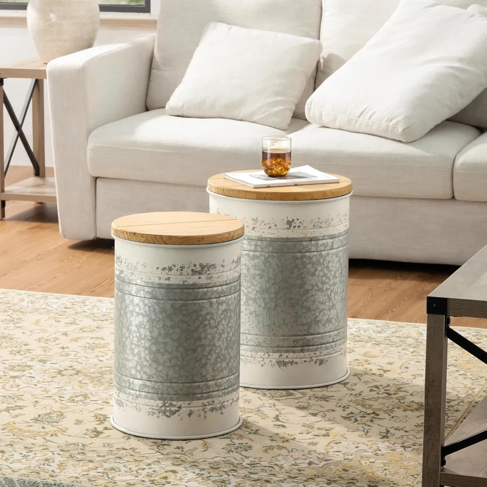 Rustic End Table Set of 2, Farmhouse Galvanized Metal Barrel Ottoman Storage Stool with Round Wood Lid
Rustic End Table Set of 2, Farmhouse Galvanized Metal Barrel Ottoman Storage Stool with Round Wood Lid